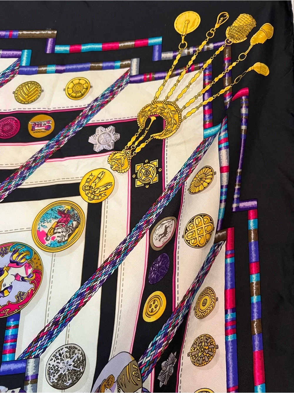 Hermes Black, White, Gold, Purple & Pink Silk Scarf